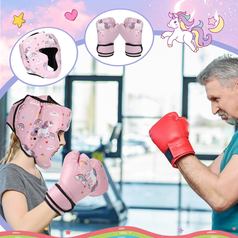 Boxing Headgear and Gloves Set for Kids 6oz Boxing Gloves and Wrestling Headgear Sparring Equipment for Boxing Kickboxing Muay Thai BJJ Karate Training Pink Unicorn