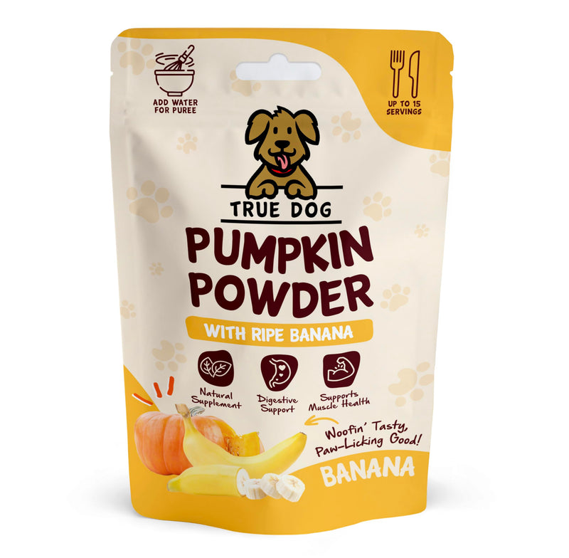True Dog Pumpkin Powder with Ripe Banana 100g | Natural Pumpkin Puree Powder for Dogs, Digestive Supplement, Stool Firming, High Fibre Dog Food Topper, Manufactured in the UK