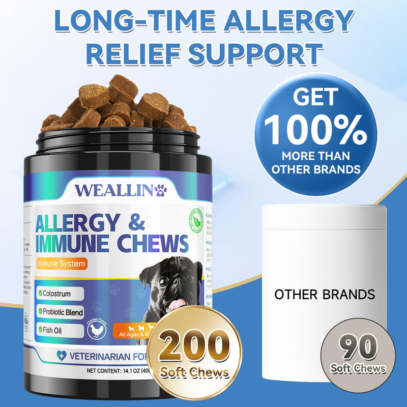 Dog Allergy Relief Chews 200 PCS, Dog Allergy Chews Anti-Itch for Dogs - Omega 3 Fish Oil -Dog Itching Skin Relief, Immune & Skin & Coat Support, Hot Spots, Paw Licking and Allergies - PawsPlanet Australia