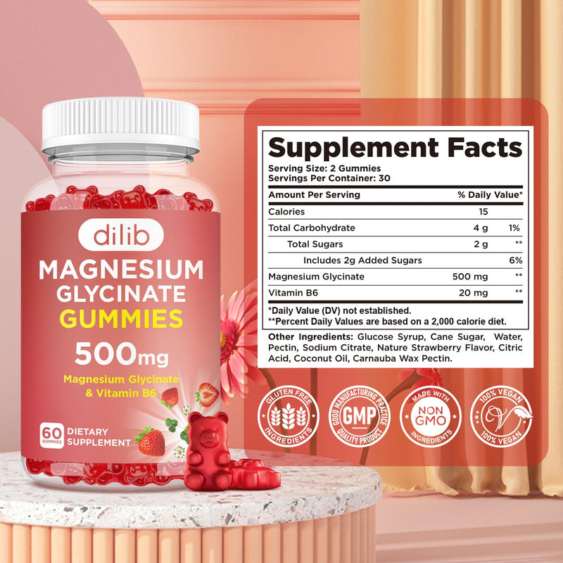 Magnesium Glycinate Gummies 500mg for Adults & Kids Magnesium Supplement with Vitamin B6-Natural Calm Gummies-Calm Mood, Muscle & Sleep Support-Strawberry Flavor, 120 Gummies Strawberry 60 Count (Pack of 2)