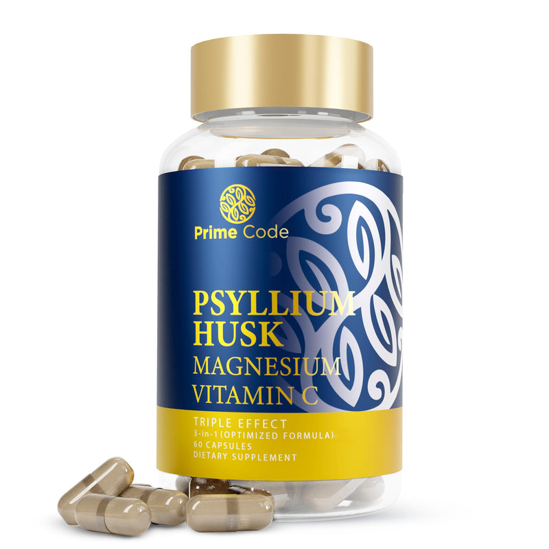 Prime Code [ 3 𝐢𝐧 𝟏] Psyllium Husk Capsules with Magnesium Citrate and Vitamin C | Psyllium Husk Capsules 1000mg | Magnesium Citrate 200mg | Vitamin C 250mg | Non-GMO | Gluten & Soy Free | Vegan