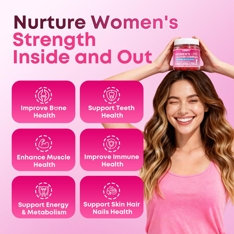 Calcium Gummies for Women, Calcium Citrate 1200mg with Vitamin D3 K2, Collagen & Biotin, B0ne, Teeth, Immune & Hormone Support, Sugar Free, Non-GMO, Gluten-Free, Strawberry Flavor, 90 Count 90 Count (Pack of 1)