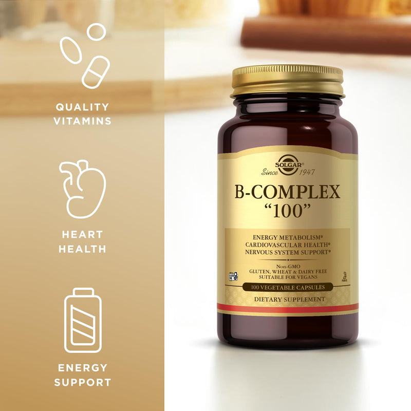 Solgar B-Complex "100" - 100 Vegetable Capsules, Pack of 2 - Energy Metabolism, Cardiovascular Health, Nervous System Support - Non-GMO, Vegan, Gluten Free - 200 Total Servings Unflavored 100 Count (Pack of 2)