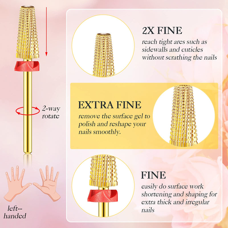 Honoson 3 Pcs Carbide Nail Drill Bits 5-in-1 Fast Gel & Acrylic Removal, Two-way Rotate for Left & Right Handed Xf, F, M, 3/32 Inch Professional Manicure Tool(Gold) Gold - BeesActive Australia