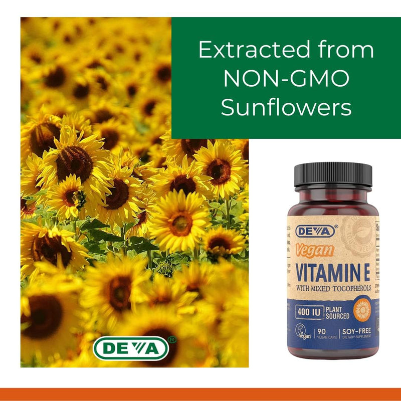DEVA Vegan Natural Source Vitamin E 400IU with Mixed tocopherols, Soy-Free – 90 Veg Caps (Pack of 2) 90 Count (Pack of 2)