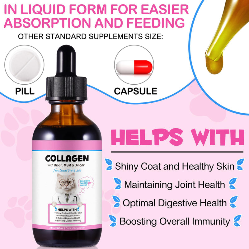 Collagen Drop for Cats - Biotin, MSM & Ginger - Shinny Coat, Healthy Skin - Maintains Joint Health - Boost Immunity - Salmon Flavor, 60ml