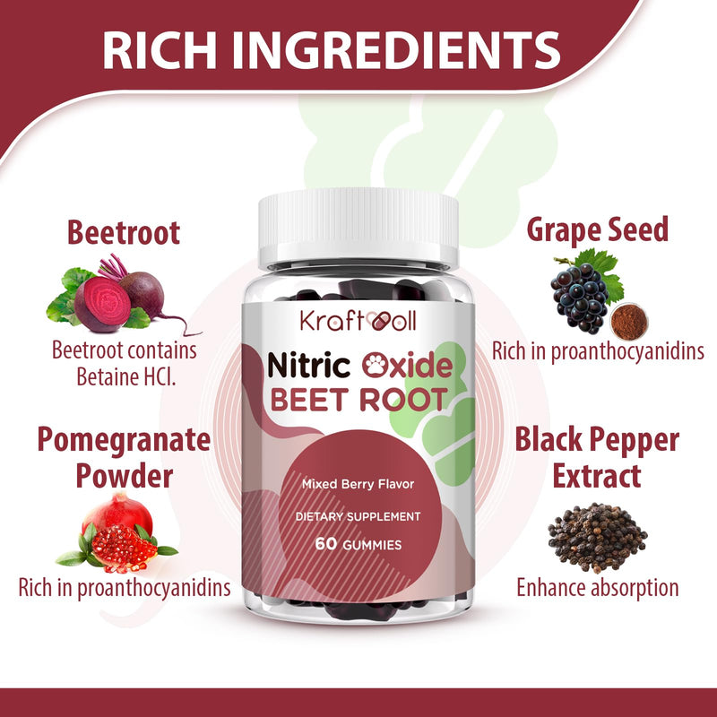 Nitric Oxide Beet Root Gummies – Sugar-Free Beet Chewables, Mixed Berry Flavor with Grapeseed Powder, Pomegranate, Vitamin C & B12 – Nitric Oxide Supplements for Men – 60 Gummies (2 Bottles) 60 Count (Pack of 2)