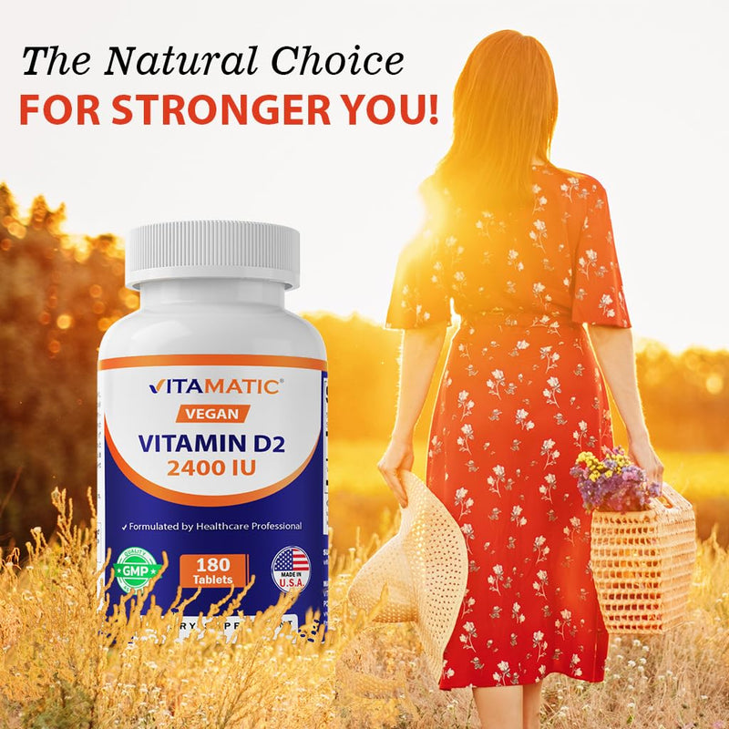 Vitamatic Vegan Vitamin D2 2400 IU Tablets, 180 Count, Made in USA | Ergocalciferol, Immune Health Support*, Non-GMO, Gluten Free 1 Bottle