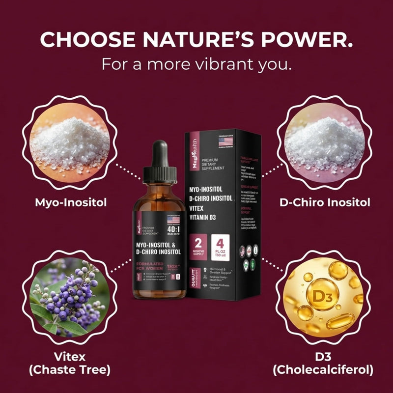 Myo-Inositol & D-Chiro Inositol Liquid Drops for Women | 40:1 Ratio | Hormone Balance & Cycle Support | Vitex + Vitamin D3 | 4 Fl Oz (2-Month Supply) 4 Ounce (Pack of 1)