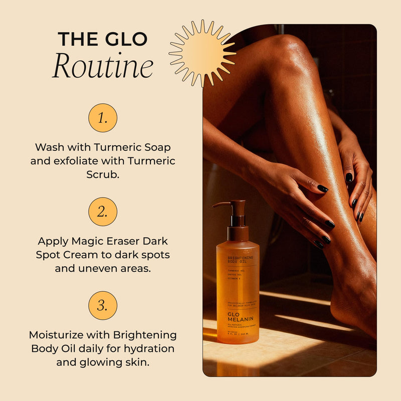 Glo Melanin Brightening Body Oil – Topical Moisturizer with Vitamin C, Kojic Acid & Turmeric – Lightweight Hydrating Cosmetic Oil for Melanin-Rich Skin (8 oz / 230 ml) | For Dark spots - Hyperpigmentation - Dull and Dry Skin, Topical Moisturizer with V...