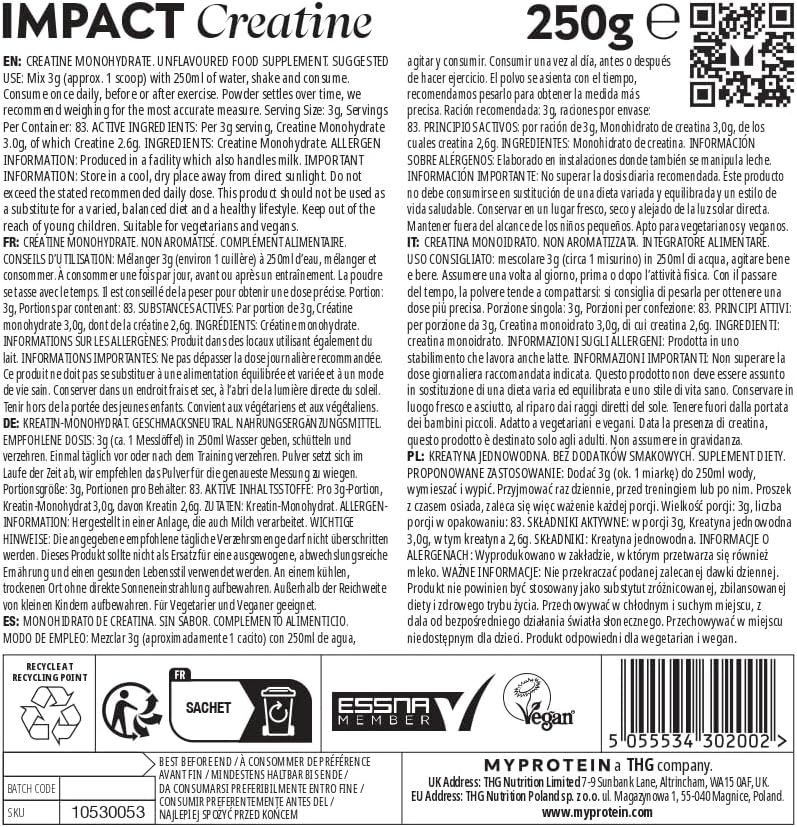 MyProtein Creapure Creatine Monohydrate Unflavored 250g - BeesActive Australia