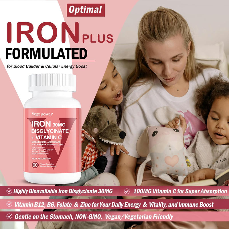 Iron Bisglycinate Supplement for Women - 30mg Iron, 60 Vegan Caps | with Vitamin C, B12, Folate for High Absorption, Chelated Iron for Anemia & Energy Support - Gentle on Stomach, Non-GMO Unflavored 60 Count (Pack of 1)