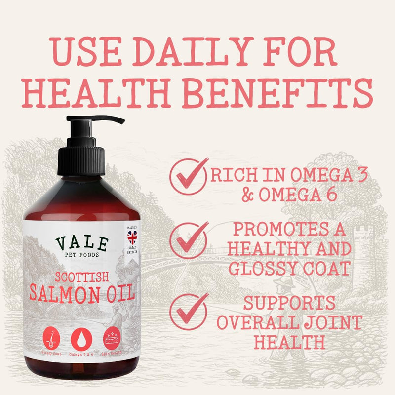 Vale Pet Foods Scottish Salmon Oil for Dogs & Cats UK - Omega 3 6 9 Supplement Dog Food Topper for Joints Skin, Coat, Heart Health & Natural Coat - Natural Fish Oil for Dogs, Puppy, 500ml