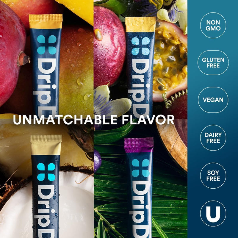DripDrop Hydration Tropical Variety Pack, Electrolyte Packets, 16 Count | Mango, Açaí, Passion Fruit & Piña Colada; 3X Electrolytes, Vitamin C, Magnesium, Zinc; Single Serve Powder Drink Mix