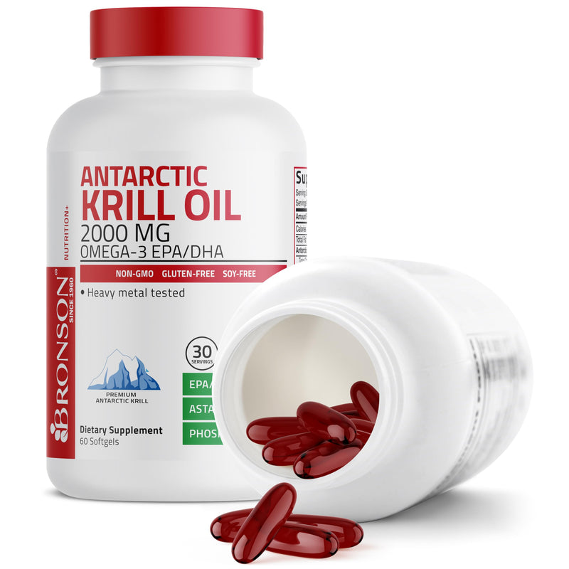 Bronson Antarctic Krill Oil 2000 mg with Omega-3s, 60 Softgels | Heavy Metal Tested, with EPA, DHA, Astaxanthin and Phospholipids, Non-GMO, Gluten Free, Soy Free 60 Count (Pack of 1)