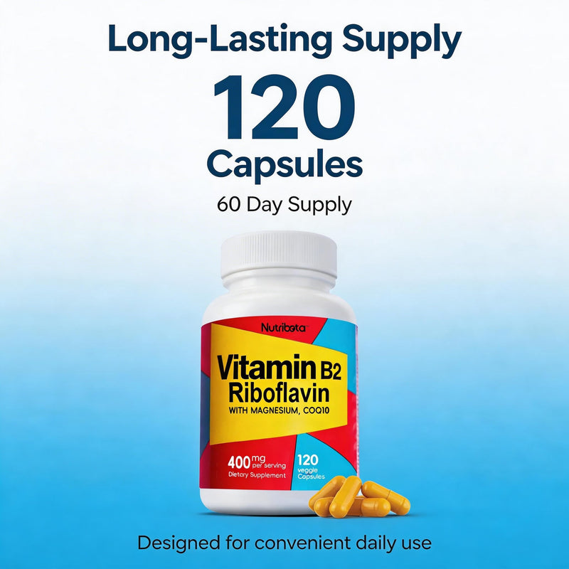 Vitamin B2 Riboflavin 400mg with Magnesium & CoQ10, High Potency Vitamin B2 Supplement for Energy Metabolism & Daily Wellness, 120 Veggie Capsules, 60 Day Supply