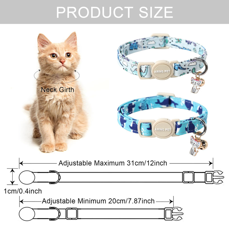 ARING PET 2 Pack Cat Collars-Cute Breakaway Cat Collar with Bell & Pendant, Adjustable Blue Whales&Dinosaur Pattern Kitten Collars with Safety Buckle for Girl and Boy Cats Dinosaur&Whales - BeesActive Australia