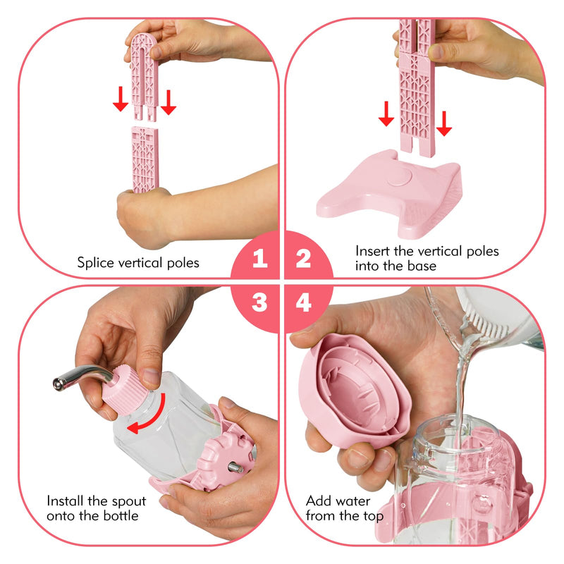 Pet Standing Water Dispenser Top Fill Dog Water Bottle Dispenser with Stand Leakproof Pet Slow Water Bottle for Small Animals, 13oz, BPA Free, Adjustable Height, Pink - BeesActive Australia