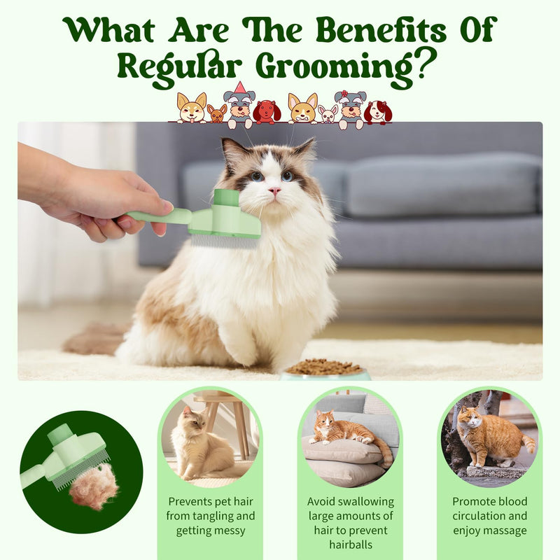 Pet Hair Removal Comb Flea Comb, 2025 New Cat Grooming Brush, Cat Brush with Release Button, De-Shedding Cat Hair Comb, Cat Grooming Supplies, Cat Brush for Short and Long Hair Cats (Green) Green - BeesActive Australia