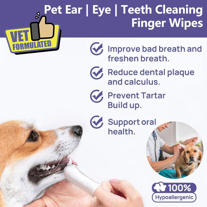 Dog Ear | Eye | Teeth Cleaning Finger Wipes, Pet Dental Care Wipes for Dogs, Cats -Freshens Breath -Remove Plaque and Tartar, No-Rinse Pet Finger Toothbrush, and for Rabbits, Horses, Pet Mouse