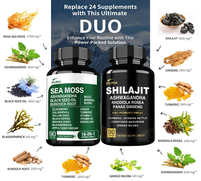 Shilajit 9000mg, Sea Moss 17500mg, Ginger & Black Seed Oil 4000mg, Ashwagandha 5000mg, Rhodiola Rosea, 1000mg Panax Ginseng 1500mg, All in 1 Supplement - Sea Moss & Shilajit Vitality Bundle - BeesActive Australia
