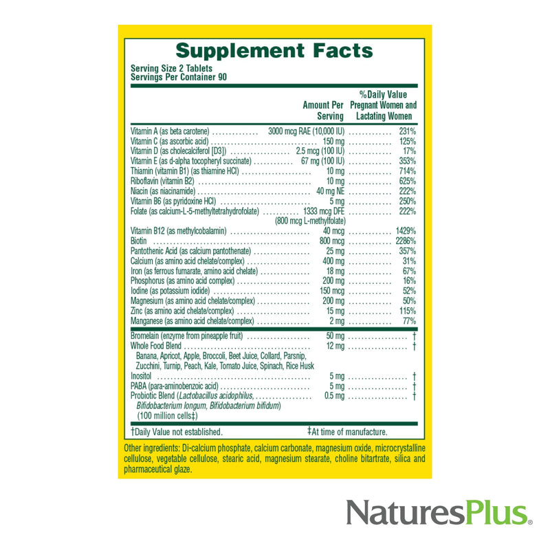 NaturesPlus Source of Life Prenatal - 180 Tablets - Multivitamin & Mineral Supplement with Iron - Nutritional Support for Pregnancy - Gluten Free, Vegetarian - 90 Servings 180 Count (Pack of 1)