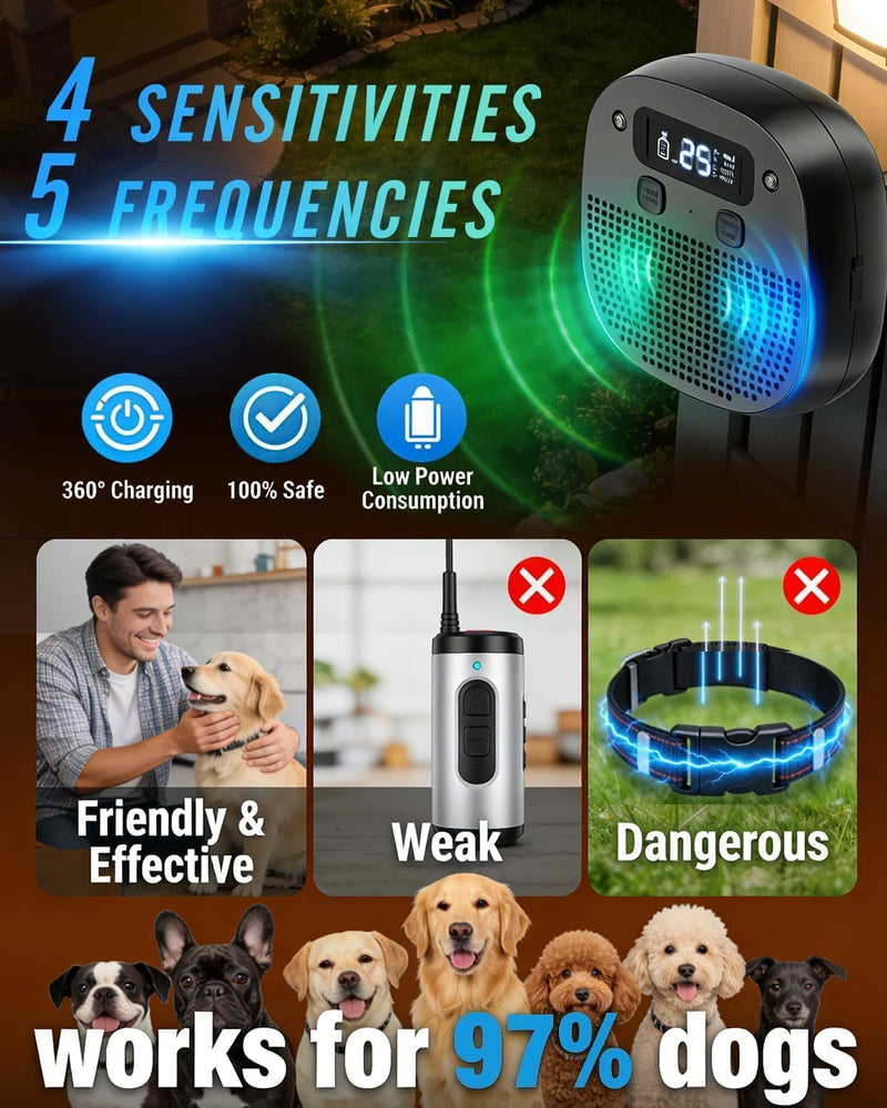 Dog Barking Control Devices, Anti Barking Device for Dogs with Remote Control, Ultrasonic & Sensor Technology, Rechargeable, Waterproof, Adjustable Modes & Frequencies (Pure Black)