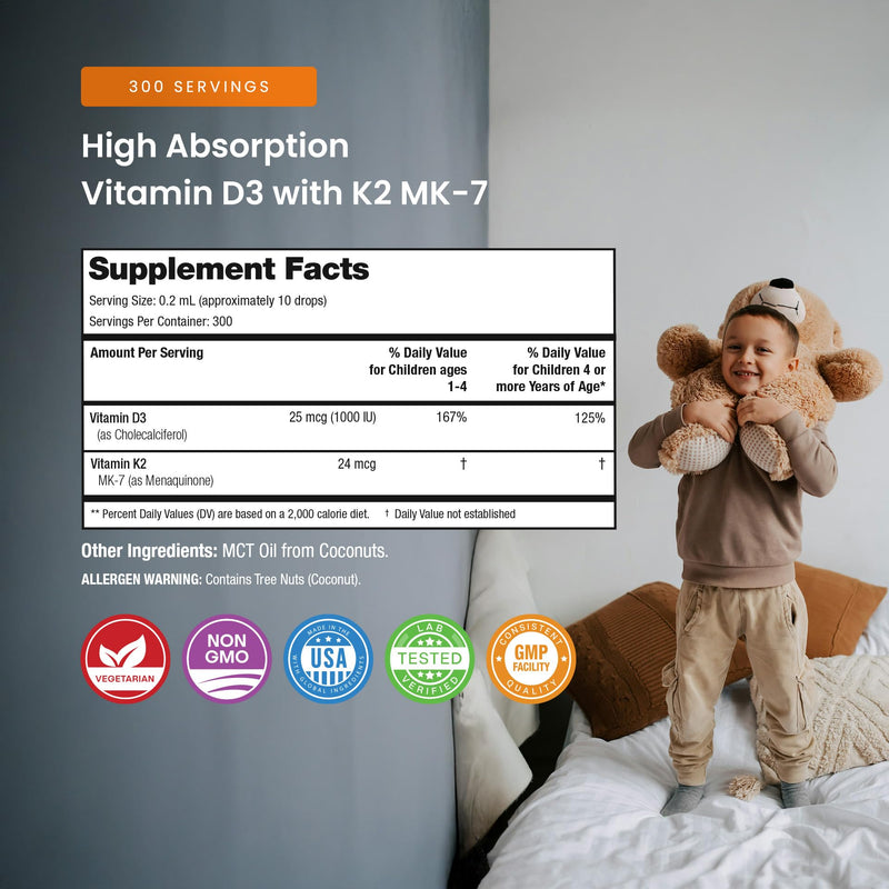 NutraChamps Kids Vitamin D 3 K2 Drops, Vitamin D3 & K2 MK-7, Liquid Vitamin D for Kids 1000 IU, Healthy Bones, Heart & Immune System, Sugar Free Supplement for Toddlers, 300 Servings 2 Fl Oz (Pack of 1) Kids Drops