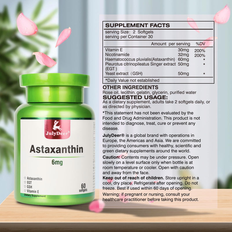 2 Bottles Astaxanthin 6 mg with Nicotinamide Vitamin E Premium Antioxidant Supplement EGT GSH - for Skin, Eye, Joint & Immune System Health Cell Health & Energy‰∏®5 in 1-120 Softgels 2 Bottles 120 Softgels - BeesActive Australia