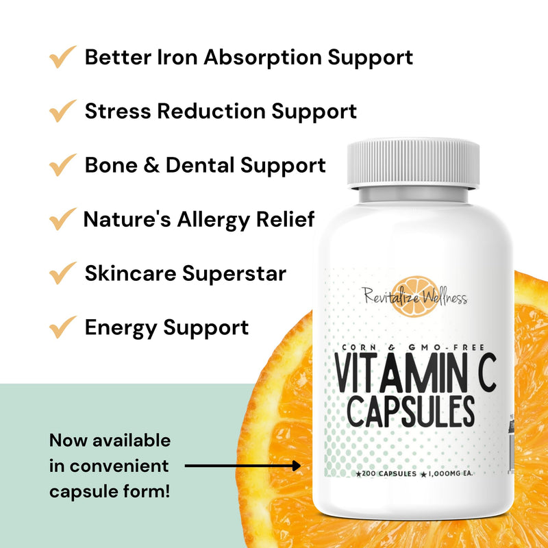 Vitamin C Capsules | Pure, Corn, & GMO-Free | 1000 mg Vitamin C Per Capsule | 200 Capsules