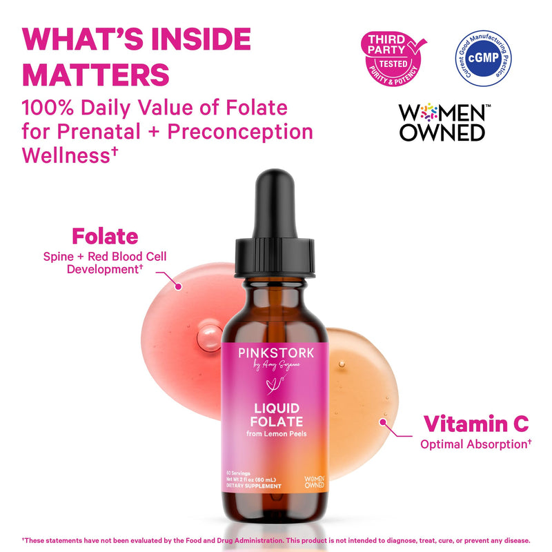 Pink Stork Liquid Folate Drops, 5-MTHF Methylfolate B9 Vitamin, 2 fl oz | Bioavailable Folate | Liquid Folic Acid Alternative for Women | Prenatal Folate | Non-GMO, Vegan | 2 Month Supply