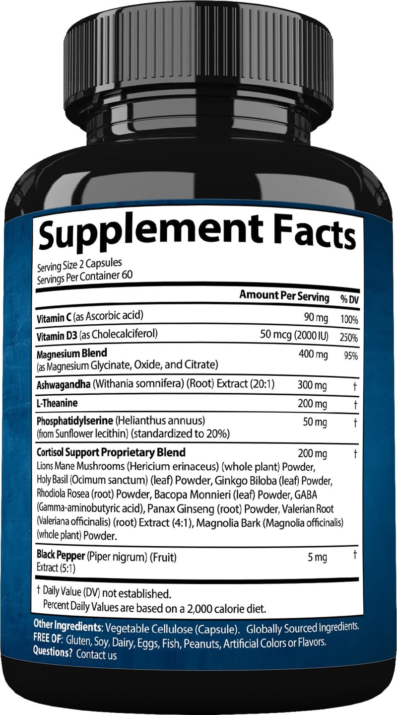 Cortisol Supplements for Women and Men with Magnesium, Ashwagandha 120 Caps 120 Count (Pack of 1)