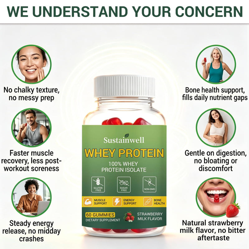 Whey Protein Gummies for Adults & Teens 100% Whey Protein Isolate with Vitamin C, D3, B12, Calcium, Magnesium & Iron, Muscle Support, Energy Boost & Bone Health, Strawberry Milk Flavor, 60 Counts