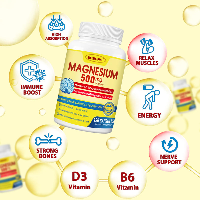 ZEBORA 10-in-1 Magnesium Glycinate Complex 500mg, 120 Capsules | Chelated High Absorption with Citrate, Malate, Vitamin D3, and Zinc for Nerve, Muscle, and Bone Health Support 120 Count (Pack of 1)