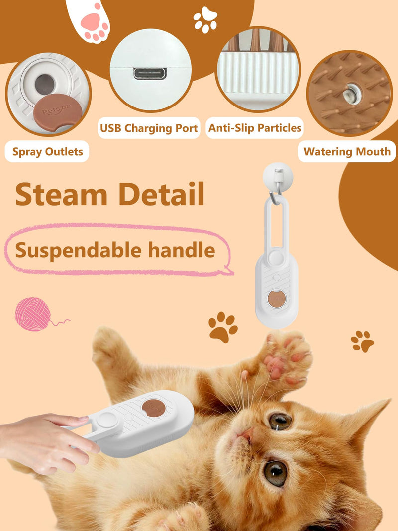Cat Steam Brush, Rechargeable Steamy Pet Grooming Brush For Shedding, Silicone Water Spray Massage Brush, Cat Hair Removal Brush Self Cleaning Brush Steamer Wet Cat Spa Brush Cat Comb (White) - BeesActive Australia