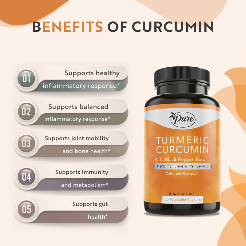 Pure By Nature Turmeric Curcumin with Black Pepper Extract 10 mg Capsules, 1200 mg per Serving, Organic, High Absorption Antioxidant Support (180 Count) - BeesActive Australia