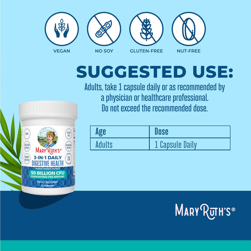 MARYRUTH'S 3-in-1 Probiotics for Digestive Health, 30 Servings | 30 Servings