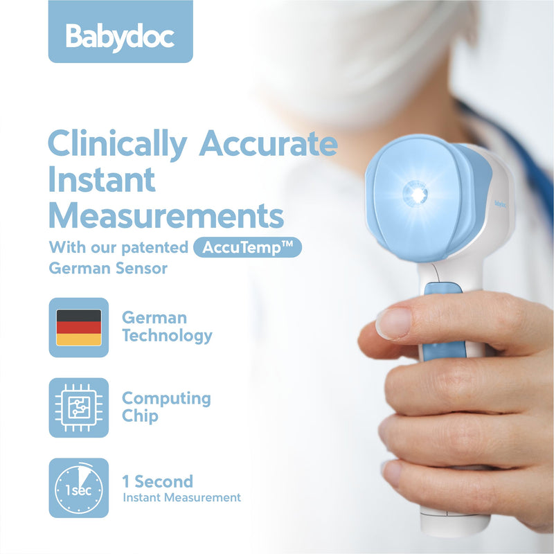 Babydoc Medical Grade FSA-HSA Eligible Baby Thermometer for Kids, AccuTemp German Sensor, 3-in-1 Safe Non-Contact Infrared Forehead Thermometer, Object Mode for Milk or Bathwater, Infants, Children Blue