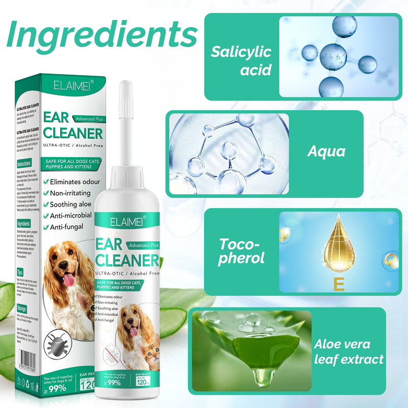 Pet Ear Cleaner for Dogs & Cats, 4 fl oz Ear Cleaning Solution with Soothing Formula - Supports Relief from Itchy Ears, Head Shaking & Wax Buildup - Safe for Puppies & Kittens - 120ml