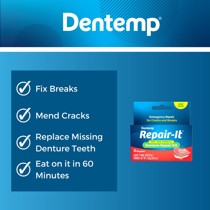 Dentemp Repair Kit - Repair-It Advanced Formula Denture Repair Kit (Pack of 3) - Denture Repair Kit Repairs Broken Dentures - Denture Repair to Mend Cracks & Replace Loose Teeth
