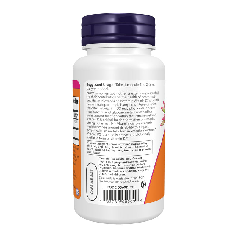 NOW Foods Vitamin D-3 & K-2-120 Veg Capsules 120 Count (Pack of 1)