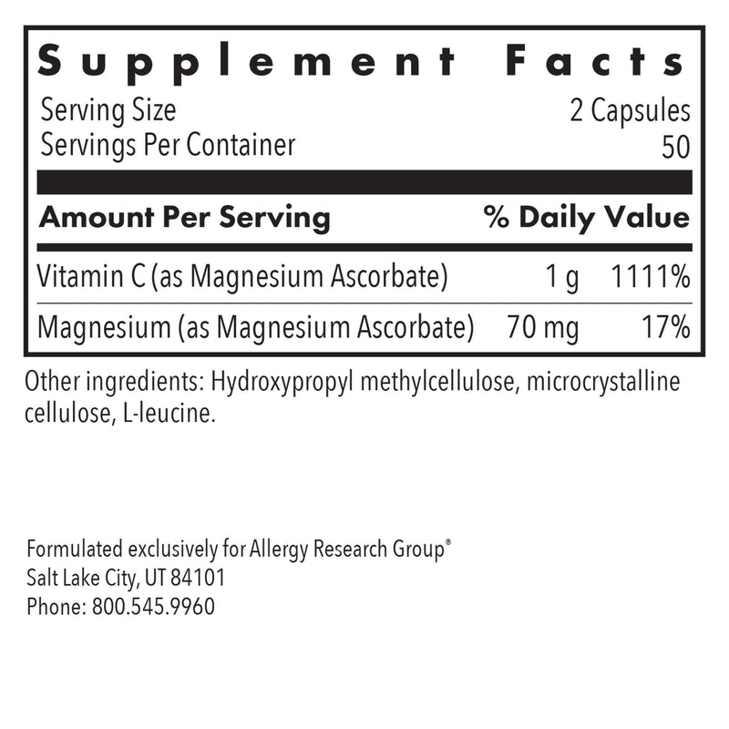 ARG Magnesium Ascorbate Buffered Vitamin C 1000 mg, 100 Capsules | Non-Acidic Buffered Vitamin C for Immune and Antioxidant Support, Gentle on Stomach, Vegetarian Formula