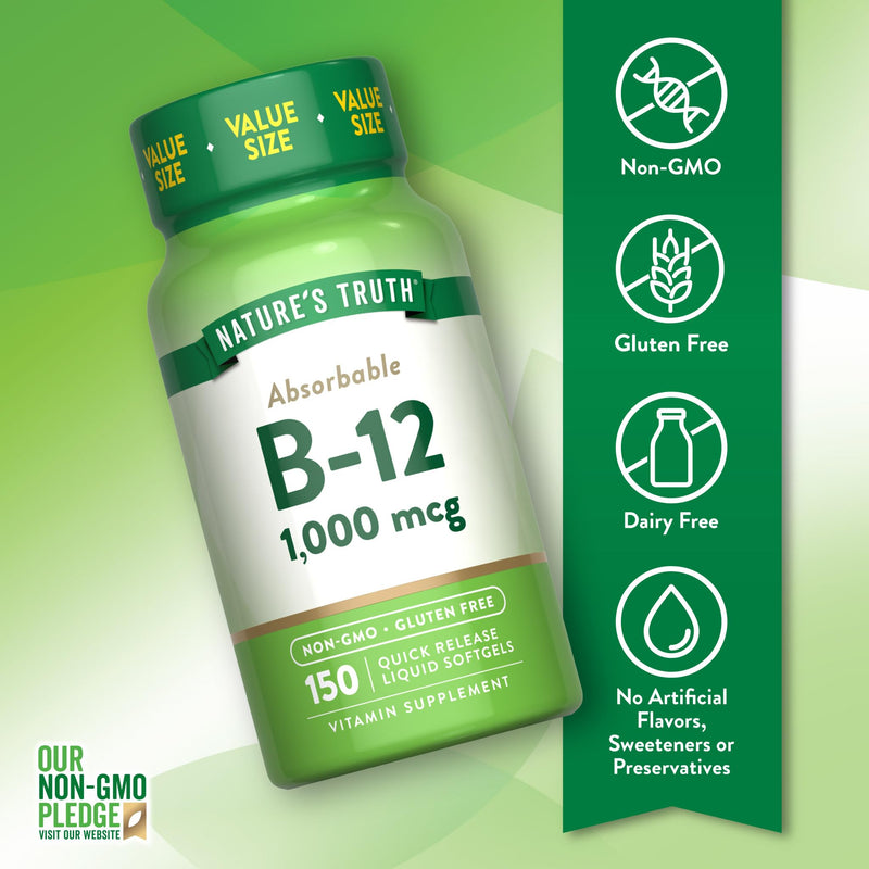 Nature's Truth Vitamin B12 | 1000 mcg | 150 Softgels | Non-GMO & Gluten Free Supplement 150 Count (Pack of 1)