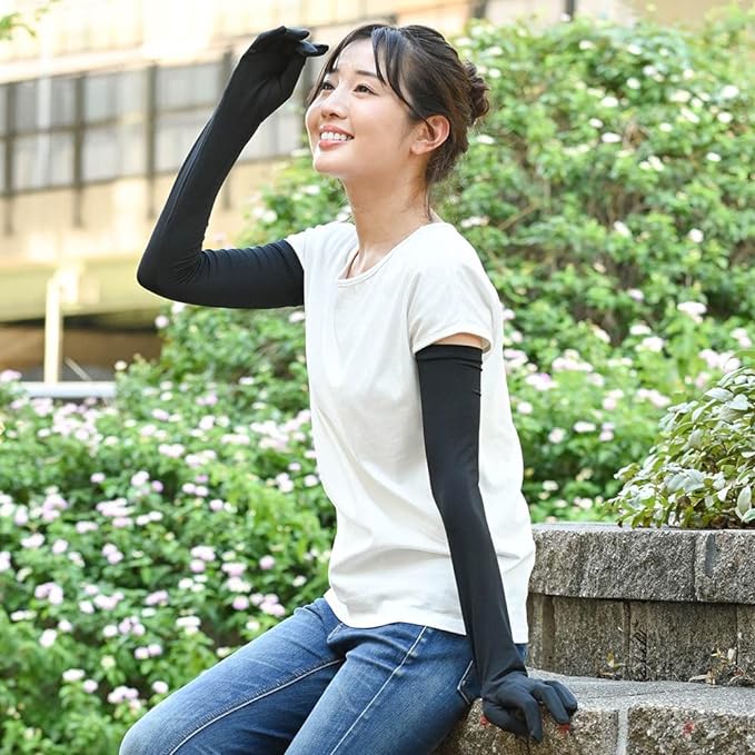 Otafuku Glove Summer Arm Cover, (Cool Touch, Stretch Material, Long UV Protection, Women's), UV-2711, Black, Free Size - BeesActive Australia