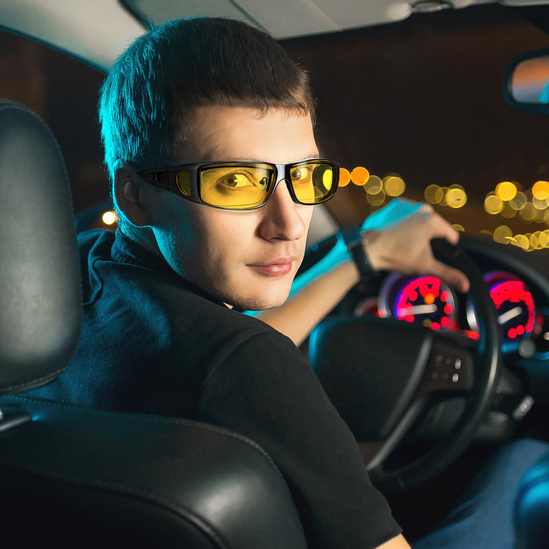 URUMQI Night Vision Driving Glasses Fit Over Glasses for Men Women, Anti Glare Polarized Nighttime Glasses HD Yellow Lens A08 Glossy Black Frame/Night Vision Lens - BeesActive Australia