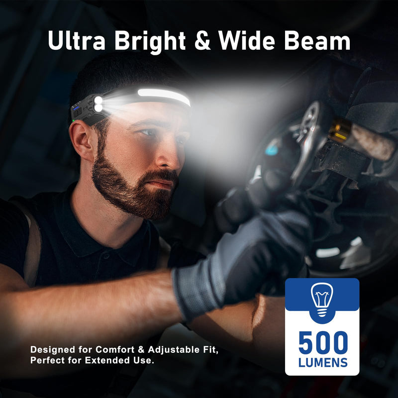 Rechargeable LED Headlamp 3-Pack (New Model 2026), 500 Lumens, 230° Wide Beam, USB-C — Rotating & Pivoting Lamp Head; Lightweight, Hard-Hat Ready for Camping, Running, Fishing & Repairs Black