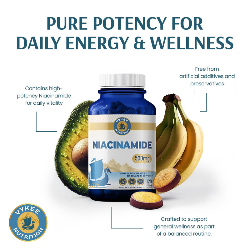 Vykee Nutrition Niacinamide Capsules - Vitamin B3 Supplement 500 mg | For Skin Wellness Cellular Energy and Metabolic Support - Vegan, Non-GMO Gluten Free, 120 Count