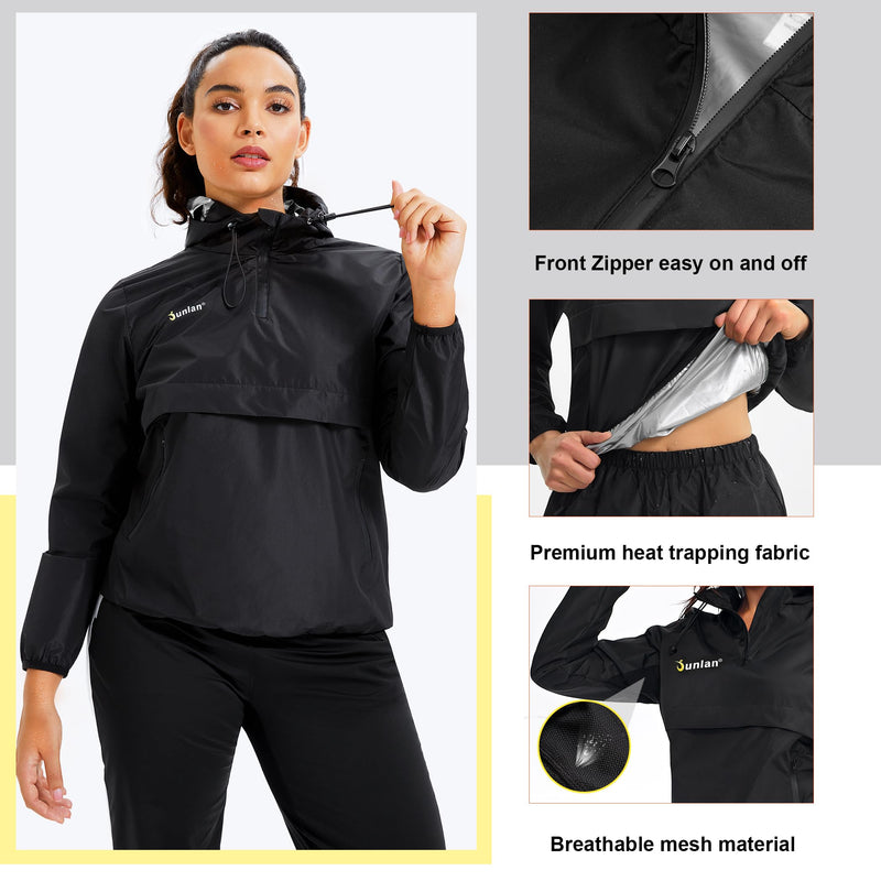 Junlan Sauna Suit for Women Sweat Jacket Gym Workout Vest Sweat Suits for Women A.black Tops Only X-Large