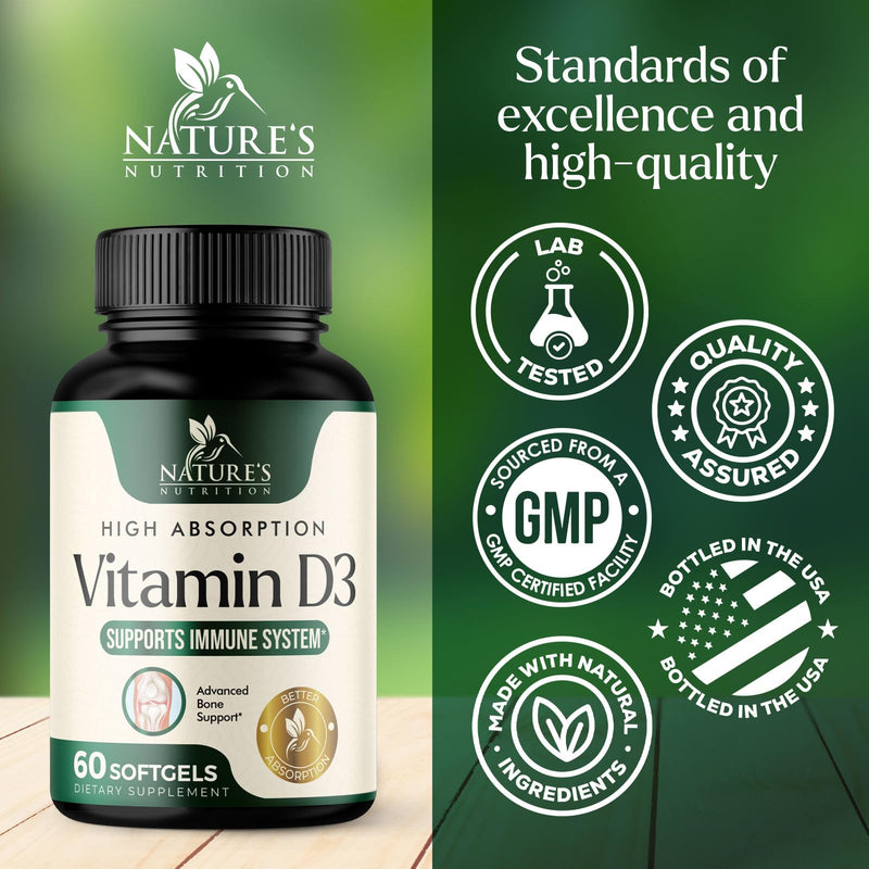 Vitamin D3 5000 IU 125 mcg Per Serving - Extra Strength Vitamin D for Bone Health, Teeth, Muscle & Immune Support - High Absorption D3 Supplement - Non-GMO Gluten Free - USA Bottled - 60 Softgels 60 Count (Pack of 1)