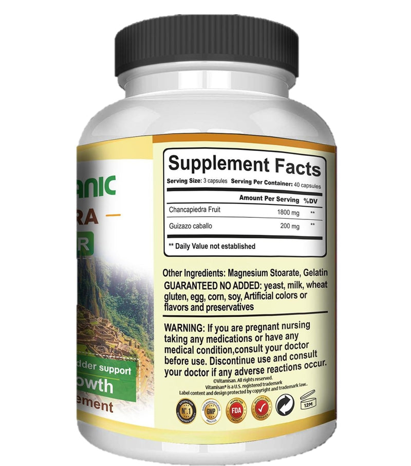 VITAMISAN Organic Vitamins Natural CHANCAPIEDRA 120 Capsules Stone Breaker CHANCA-Piedra Kidney Stone Support Supplement